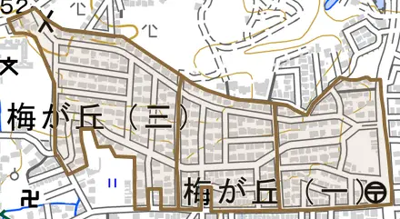 梅が丘とその周辺の地図。町の範囲を重ねている