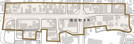 園部町本町とその周辺の地図。町の範囲を重ねている