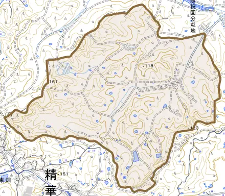 大字東畑とその周辺の地図。町の範囲を重ねている
