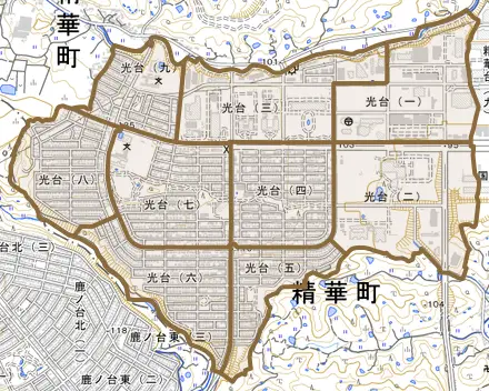 光台とその周辺の地図。町の範囲を重ねている