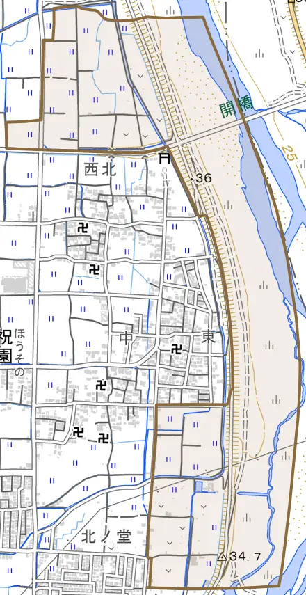 大字祝園とその周辺の地図。町の範囲を重ねている