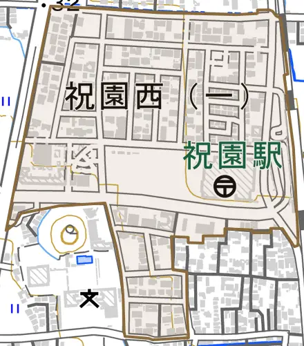 祝園西とその周辺の地図。町の範囲を重ねている