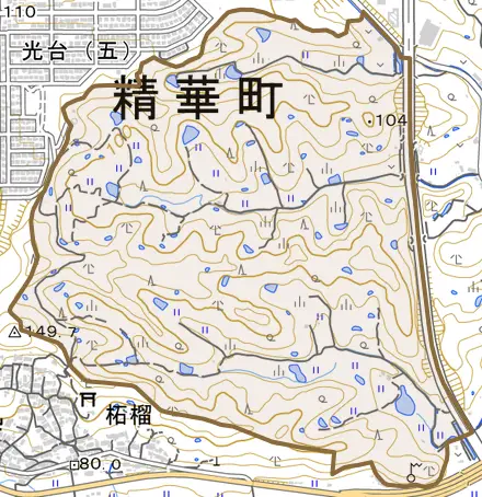 大字乾谷とその周辺の地図。町の範囲を重ねている