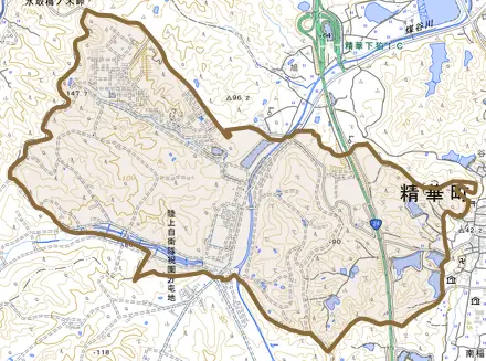 大字北稲八間とその周辺の地図。町の範囲を重ねている