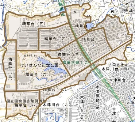 精華台とその周辺の地図。町の範囲を重ねている