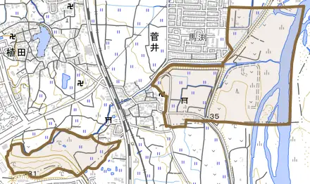 大字菅井とその周辺の地図。町の範囲を重ねている