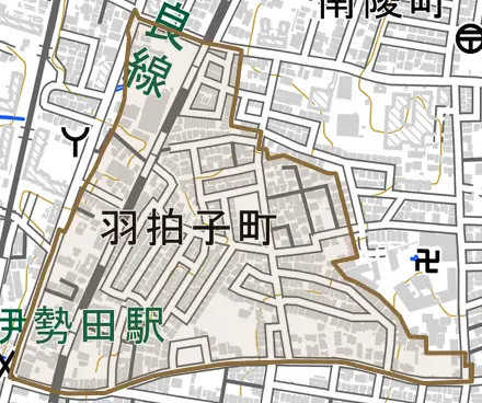 羽拍子町とその周辺の地図。町の範囲を重ねている