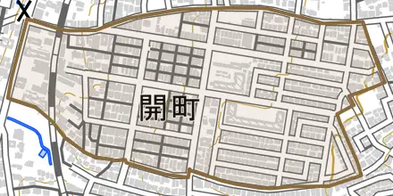 開町とその周辺の地図。町の範囲を重ねている
