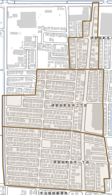伊勢田町名木とその周辺の地図。町の範囲を重ねている