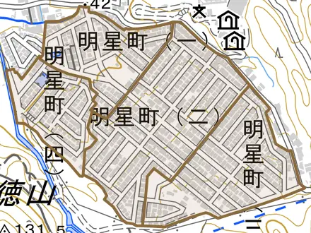 明星町とその周辺の地図。町の範囲を重ねている