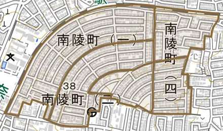 南陵町とその周辺の地図。町の範囲を重ねている