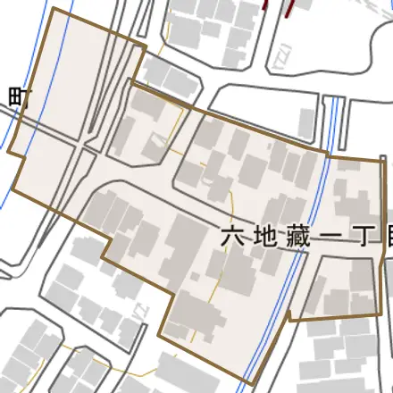 六地蔵とその周辺の地図。町の範囲を重ねている