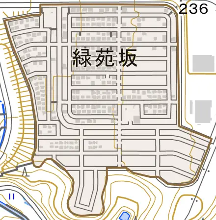 緑苑坂とその周辺の地図。町の範囲を重ねている