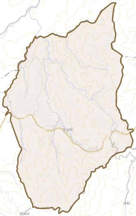奥山田とその周辺の地図。町の範囲を重ねている