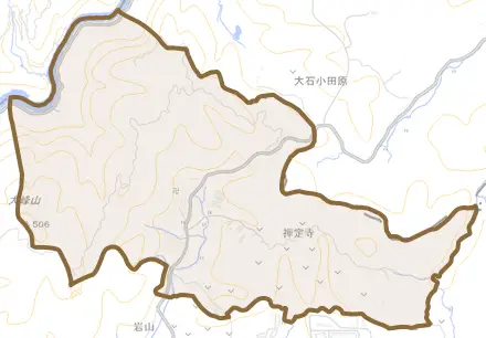 禅定寺とその周辺の地図。町の範囲を重ねている