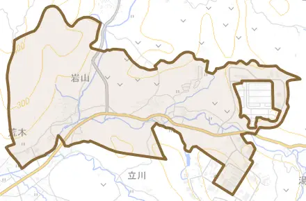 岩山とその周辺の地図。町の範囲を重ねている