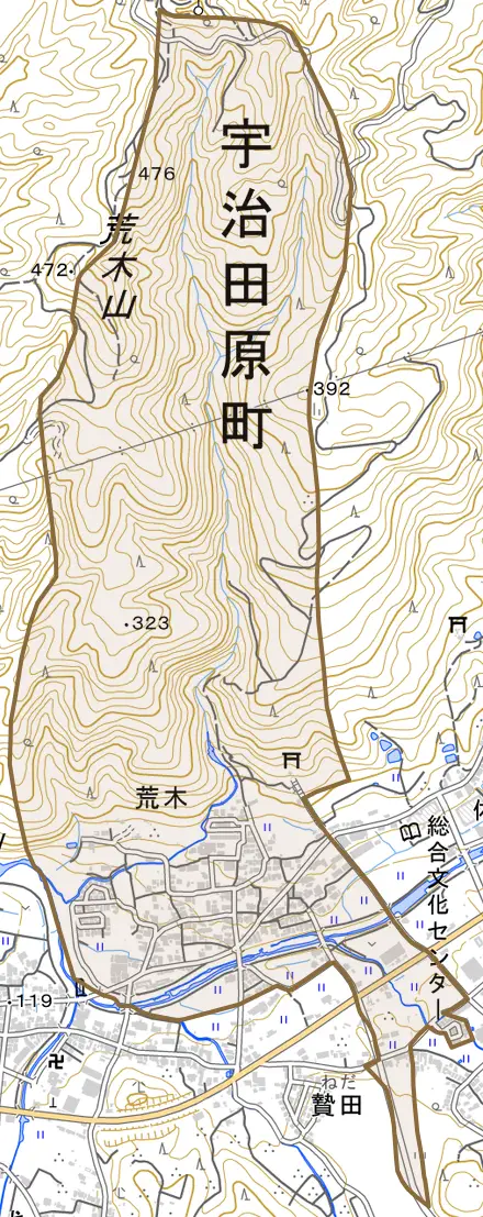 荒木とその周辺の地図。町の範囲を重ねている