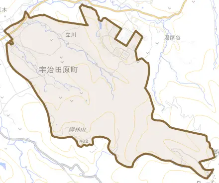 立川とその周辺の地図。町の範囲を重ねている