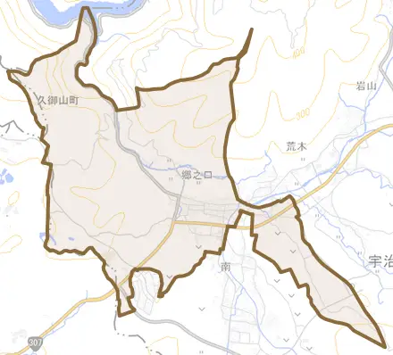 郷之口とその周辺の地図。町の範囲を重ねている