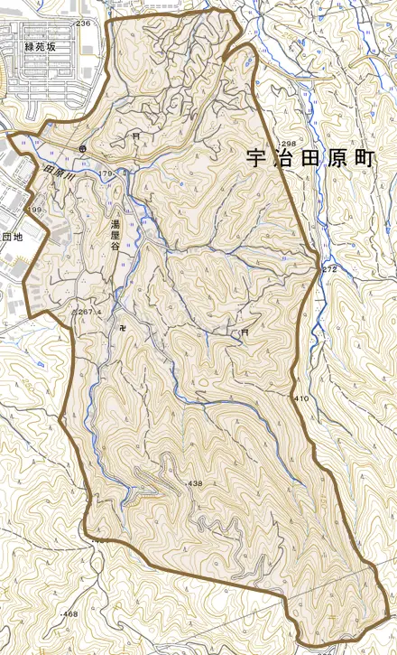 湯屋谷とその周辺の地図。町の範囲を重ねている