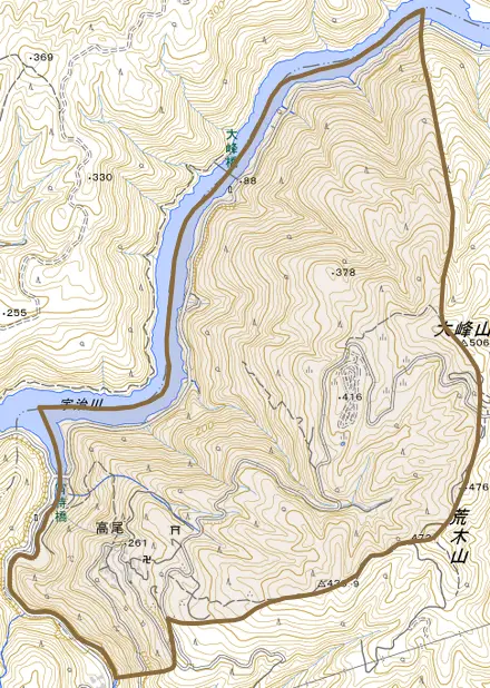 高尾とその周辺の地図。町の範囲を重ねている