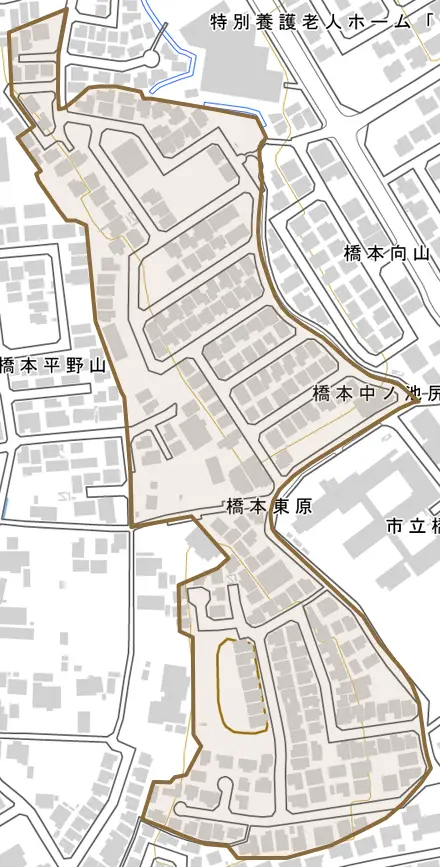 橋本東原とその周辺の地図。町の範囲を重ねている