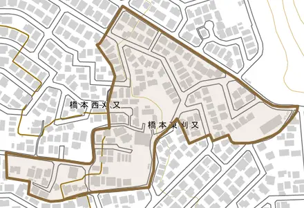 橋本東刈又とその周辺の地図。町の範囲を重ねている