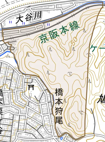 橋本東山本とその周辺の地図。町の範囲を重ねている