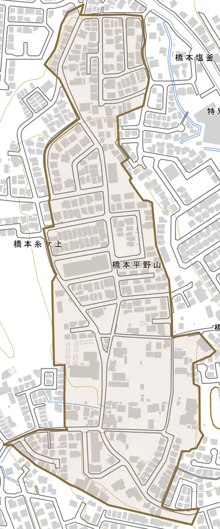 橋本平野山とその周辺の地図。町の範囲を重ねている