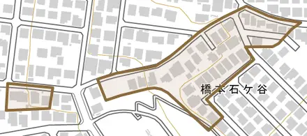 橋本石ケ谷とその周辺の地図。町の範囲を重ねている