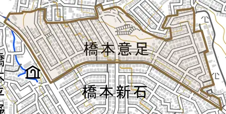 橋本意足とその周辺の地図。町の範囲を重ねている