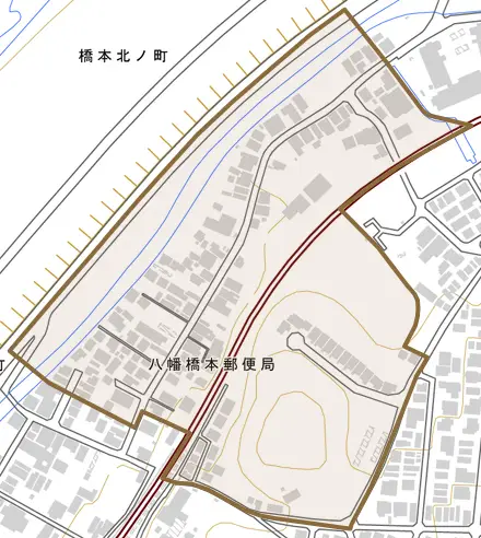 橋本北ノ町とその周辺の地図。町の範囲を重ねている