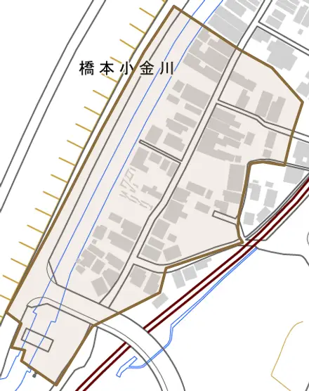 橋本小金川とその周辺の地図。町の範囲を重ねている