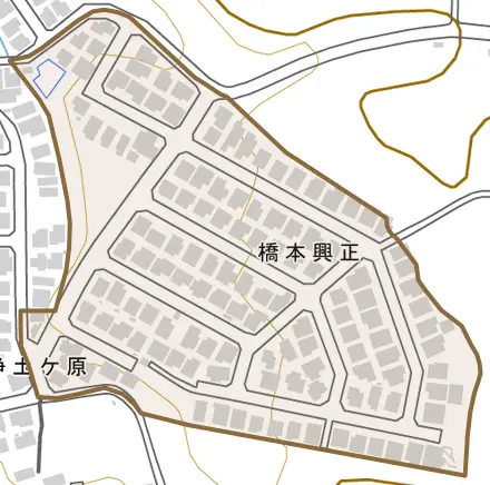 橋本興正とその周辺の地図。町の範囲を重ねている