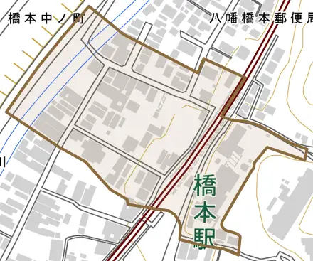 橋本中ノ町とその周辺の地図。町の範囲を重ねている