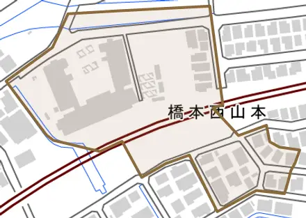 橋本西山本とその周辺の地図。町の範囲を重ねている
