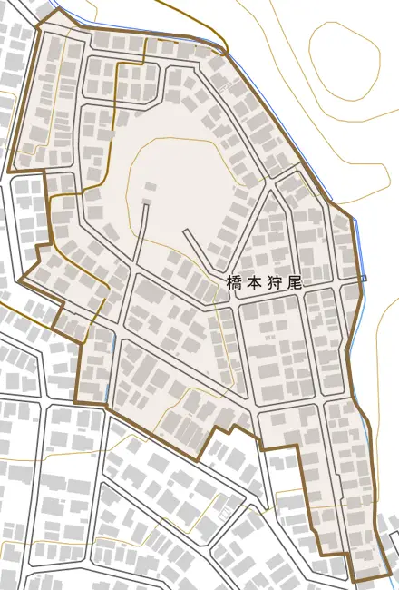 橋本狩尾とその周辺の地図。町の範囲を重ねている