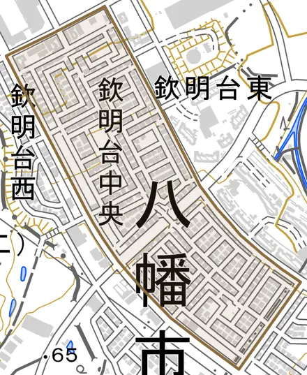 欽明台中央とその周辺の地図。町の範囲を重ねている