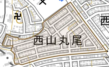 西山丸尾とその周辺の地図。町の範囲を重ねている