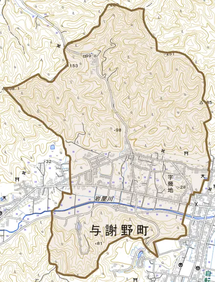 字幾地とその周辺の地図。町の範囲を重ねている