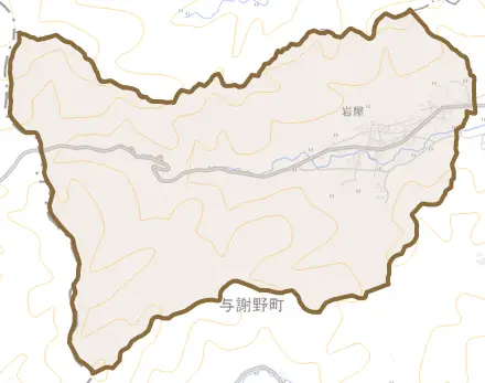 字岩屋とその周辺の地図。町の範囲を重ねている