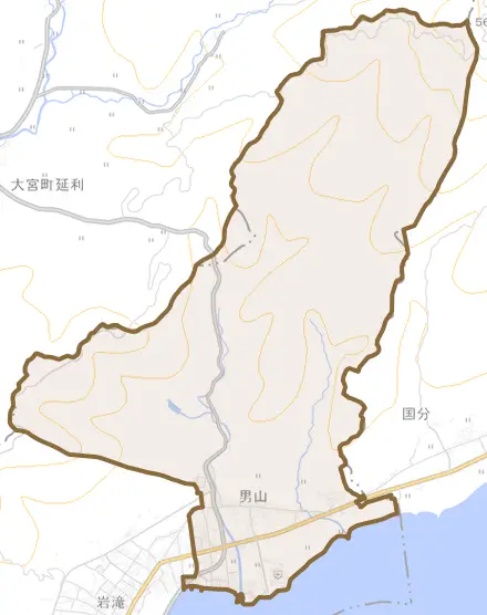 字男山とその周辺の地図。町の範囲を重ねている