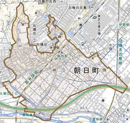 大字柿とその周辺の地図。町の範囲を重ねている