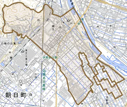 大字縄生とその周辺の地図。町の範囲を重ねている