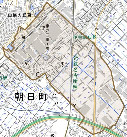大字小向とその周辺の地図。町の範囲を重ねている