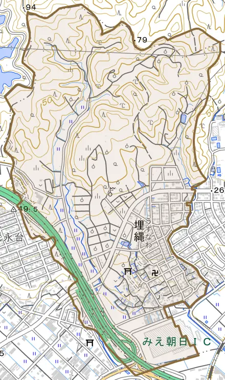 大字埋縄とその周辺の地図。町の範囲を重ねている