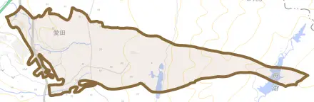 愛田とその周辺の地図。町の範囲を重ねている