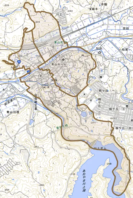 阿保とその周辺の地図。町の範囲を重ねている
