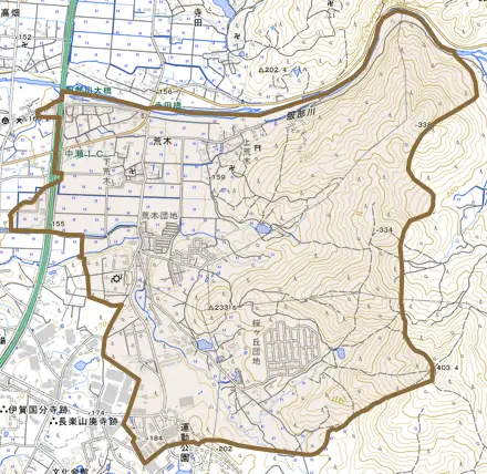 荒木とその周辺の地図。町の範囲を重ねている