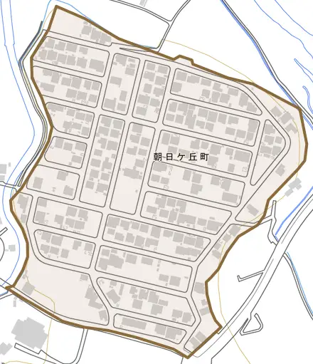 朝日ケ丘町とその周辺の地図。町の範囲を重ねている